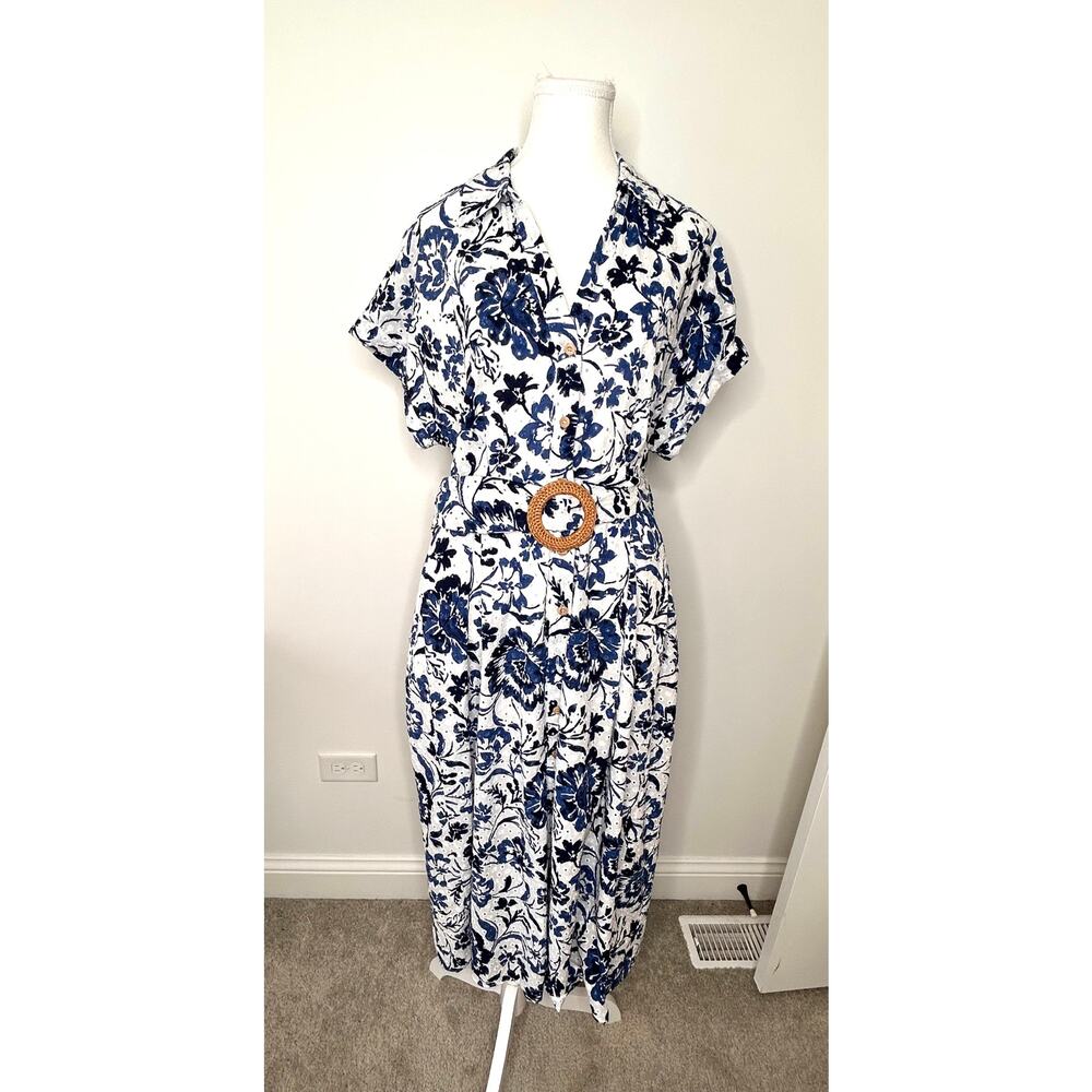 ZARA Blue Floral Eyelet Midi Shirt Dress XL Belted Button Front Resort Coastal